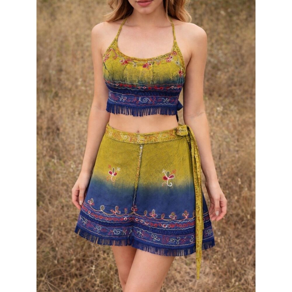 Flower Tie Dye Crop Top Wrap Skirt Set Free Size Boho Festival India Blue Green